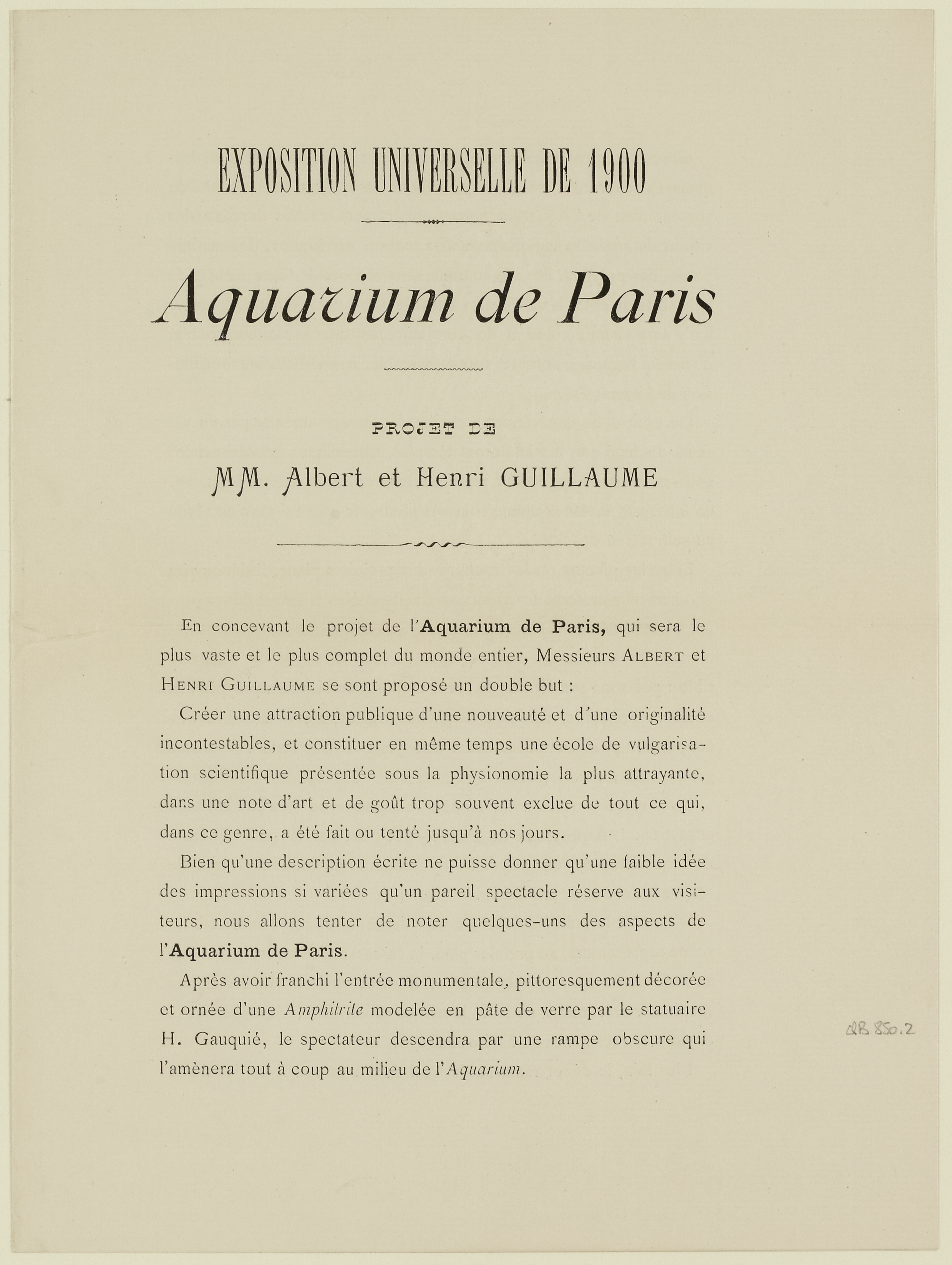 “Aquarium de Paris / projet de / MM. Albert et Henri Guillaume”.