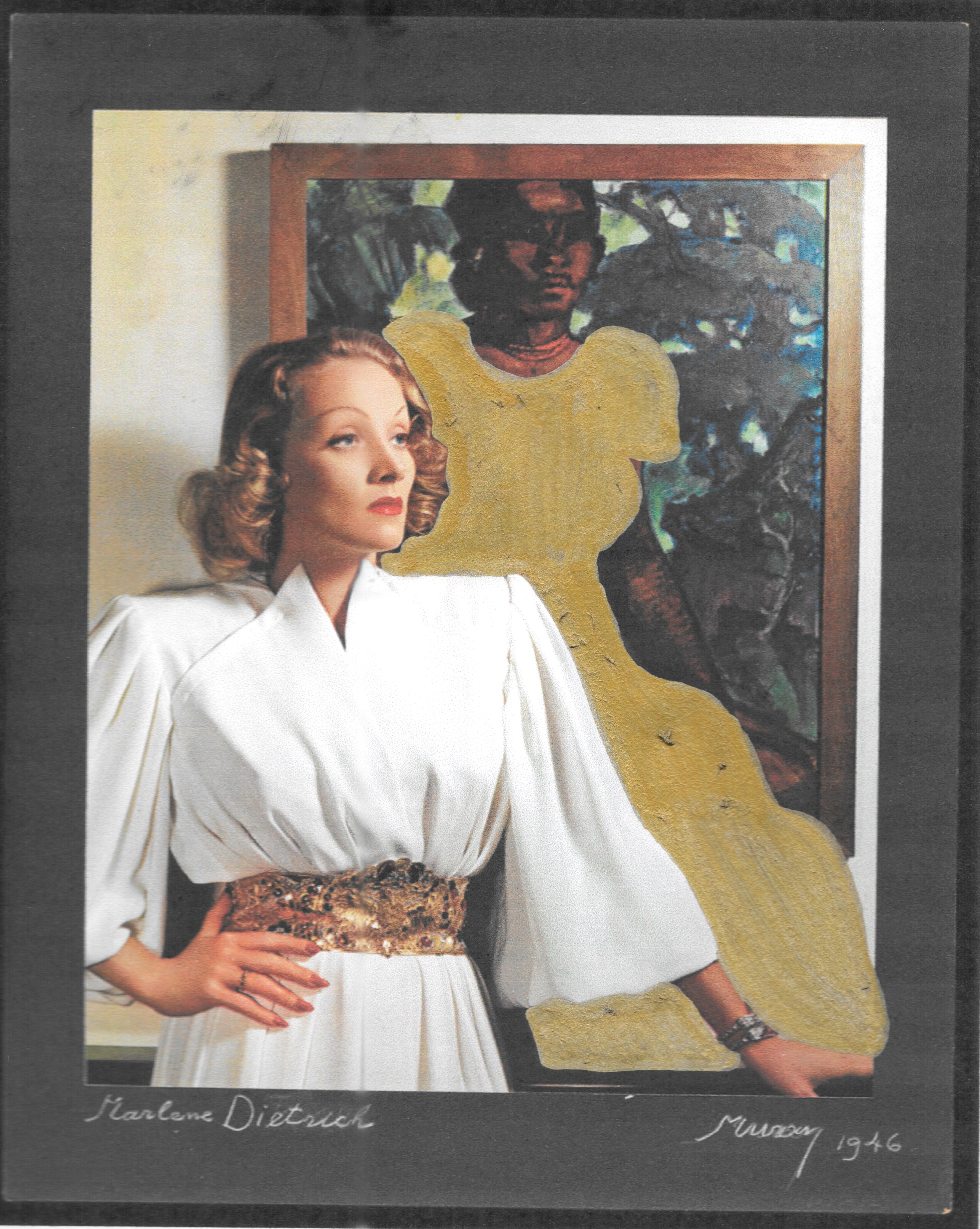 A Nickolas Muray 3-color carbro portrait of actress Marlene Dietrich. Dietrich is in front of a Paul Gauguin painting in a white dress with ornate golden belt. She is striking a similar pose as the native subject of Gauguin's painting.